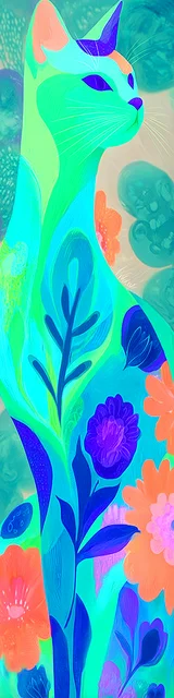 Cat bookmarks illustration of a vibrant cat bookmark in neon blue green